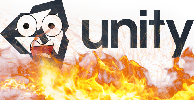 Unity logo on fire, screaming